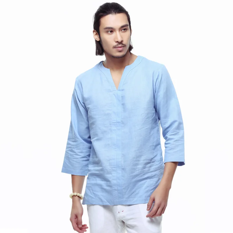 Рубашка Мужская льняная с рукавом 3/4 и V образным вырезом|men half sleeve shirt|linen shirtshirt casual