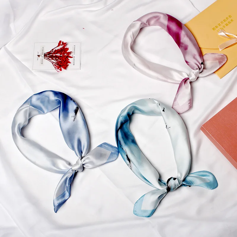 Fashion Women Shawl Ladies Satin Skinny Bags Tie Band Ribbon Hair Neck Kerchief Foulard Print Silk Scarf Square Small Size 70CM |