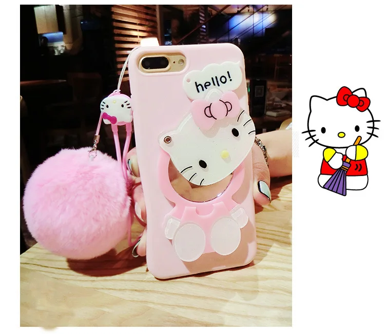 Hello kitty Cosmetic mirror TPU cases for iphone 7 7plus 6 6s plus back cover Fluffy Rex Rabbit wool ball girl tpu pink |