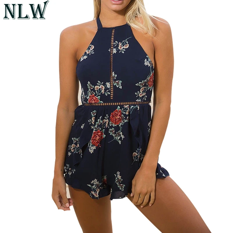 NLW Boho печати шифон Холтер Palysuit спинки повязки сексуальный комбинезон 2019 женский