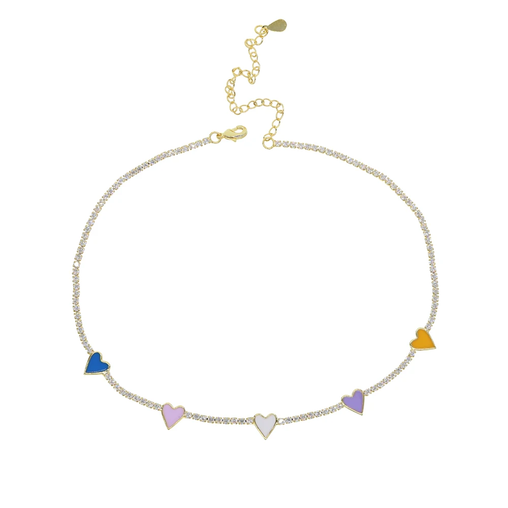 2021 summer gift women jewelry tennis cz choker thin chain rainbow heart charm white pink yellow purple colorful necklace | Украшения и
