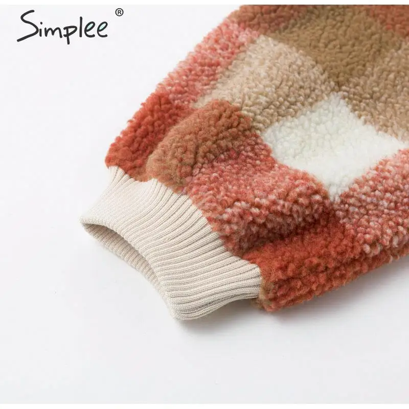 Simplee Casual lambswool plaid women hoodies sweatshirts O neck pullover loose female sweatshirt Autumn winter ladies warm coat