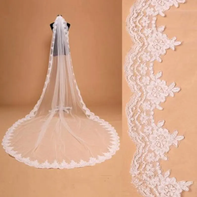 

High quality beautiful long veil with lace at the edge bridal cathedral veil wedding veil