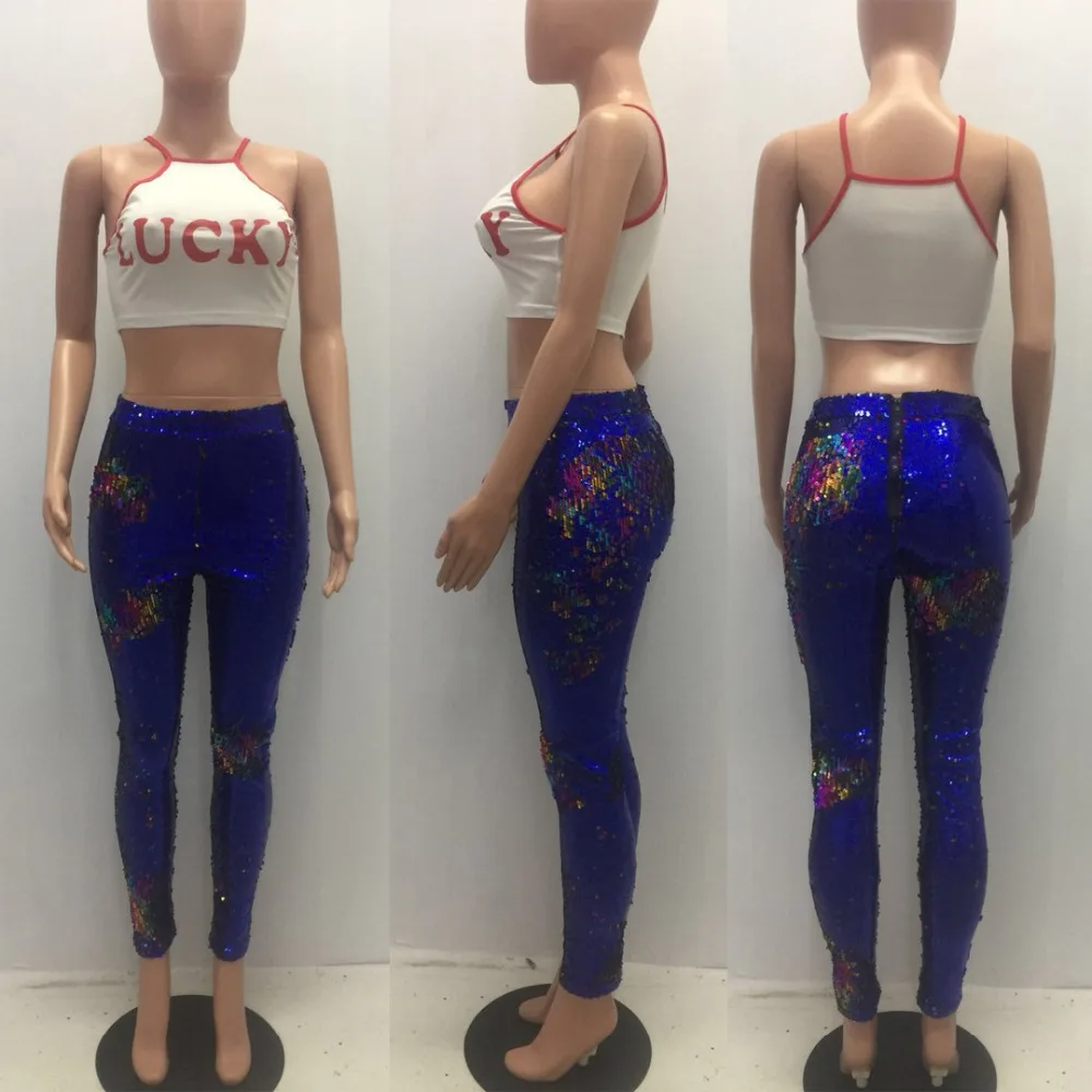 

OMILKA High Waist Pencil Sequin Pant 2018 Autumn Winter Women Shiny Bling Patchwork Club Party Blue Black Silver Skinny Pants