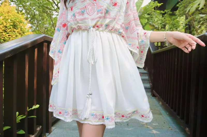 2018 Vintage Mexican Print Embroidery Women Chiffon O Neck Elastic Waist Loose Mini Dress Flare Half Sleeve Runway Boho Dresses | Женская