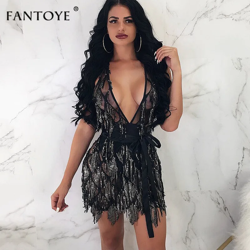 Fantoye спинки золотые блестки Bodycon платье для женщин кружево до Глубокий V средства ухода за кожей Шеи Пикантные мини клуб Рождественская повязка платья