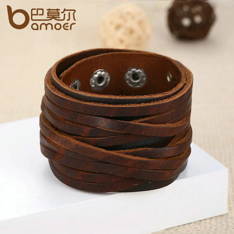 BAMOER Women & Men Bracelets Jewelry PI0337-1: Adjustable Black & Brown Genuine Leather Bracelet with Alloy Buckle for Fashionable Style image 3