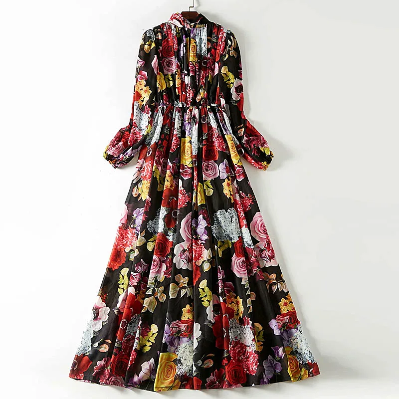 

XF 5XL Boho Maxi Scarf Collar Dress Spring And Autumn 2019 Rose Flower Chiffon Beach Dresses Woman Party Night Summer Party