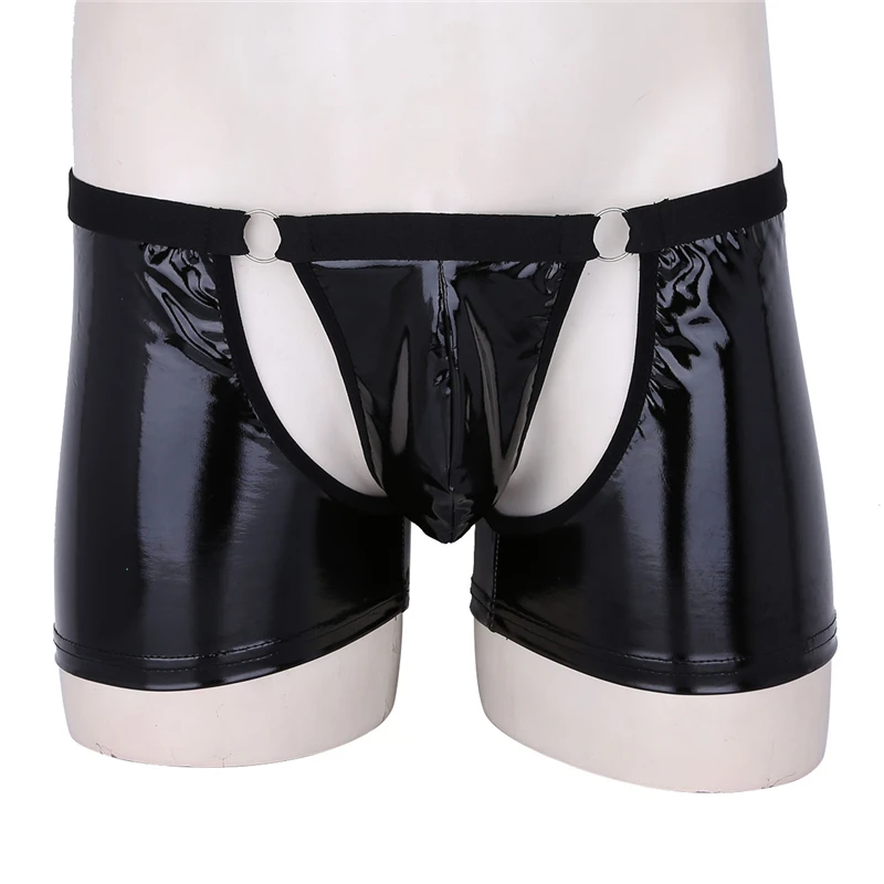 Black Mens Lingerie Wetlook Soft Faux Leather Cut Out Bulge Pouch Low Rise Boxer Shorts Underwear Perfect for lingerie night |