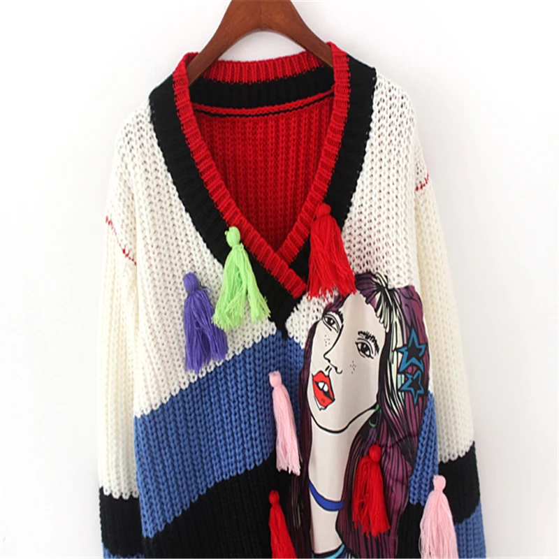 HziriP 2018 Spring Autumn Women Fashion Loose Sweater V-Neck Tassel Long Sleeve Character Print Knitted Female Pullover | Женская одежда