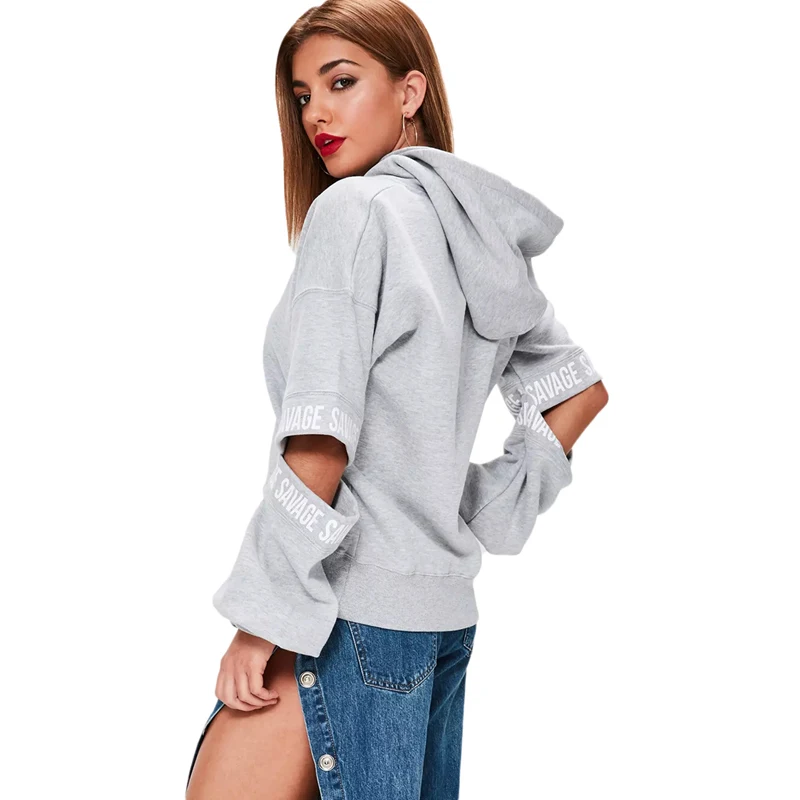 Женские толстовки серого цвета с длинным рукавом и принтом в виде букв