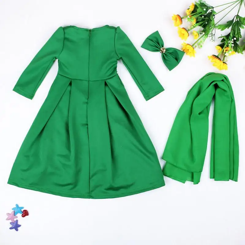Зеленый Abaya/Мусульманские комплекты для девочек; платье+ хиджаб+ повязка на голову с бантом; наряды для костюма; детская одежда в стиле джильбаба; мусульманская макси; вечерние, праздничные, повседневные - Цвет: Зеленый