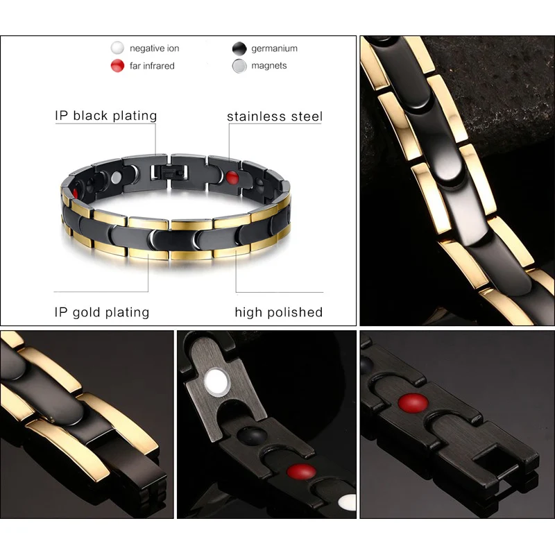 Vinterly черный Золотой магнитный браслет для мужчин звено цепи из нержавеющей стали