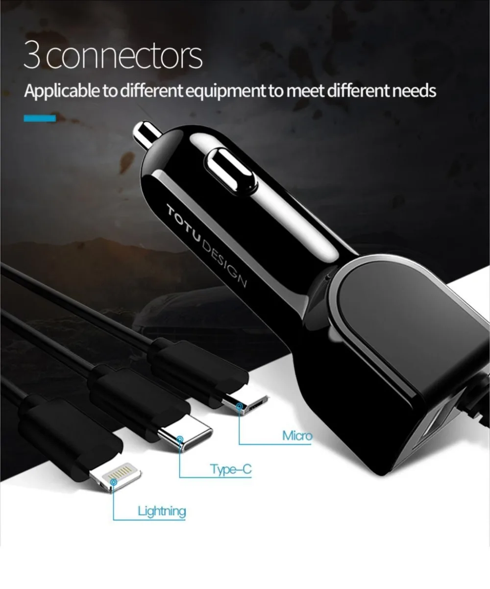 TOTU автомобильное зарядное устройство 3 в 1 адаптер для быстрой зарядки Micro usb type C пружинный кабель для мобильного телефона автомобильное зарядное устройство для samsung iPhone 8 7 Plus