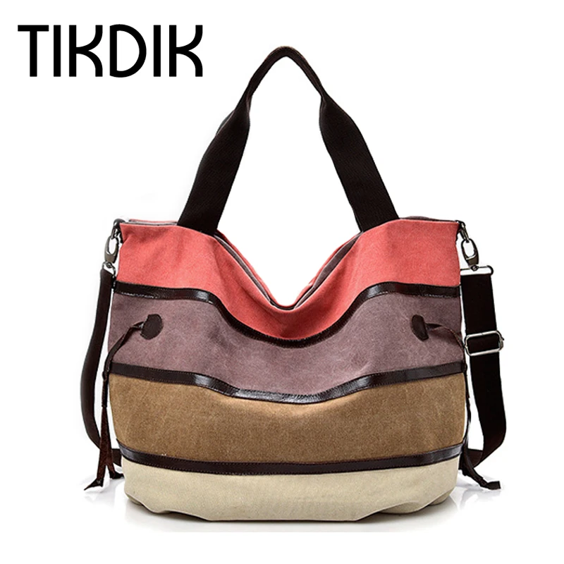 

Canvas Striped Women Messenger Bags Casual Patchwork Tote Big Handbag School Shoulder Beach Bag with long belt bolsas mujer