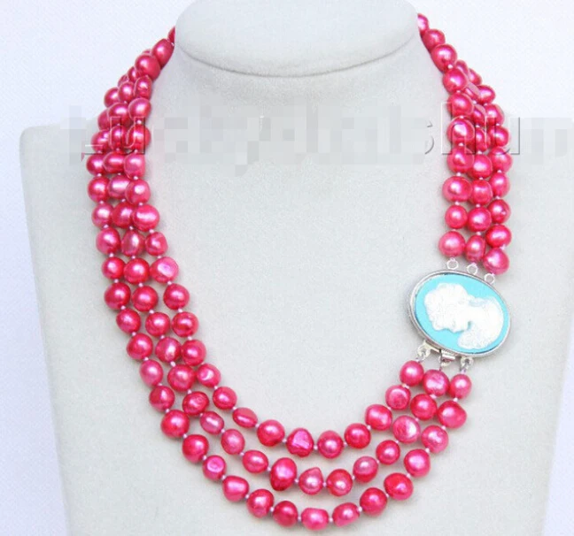 

Baroque 18" 3row 8-9mm red pearls necklace seashell clasp Factory Wholesale price Women Gift word JewelryCZ Luxury Ms. girl