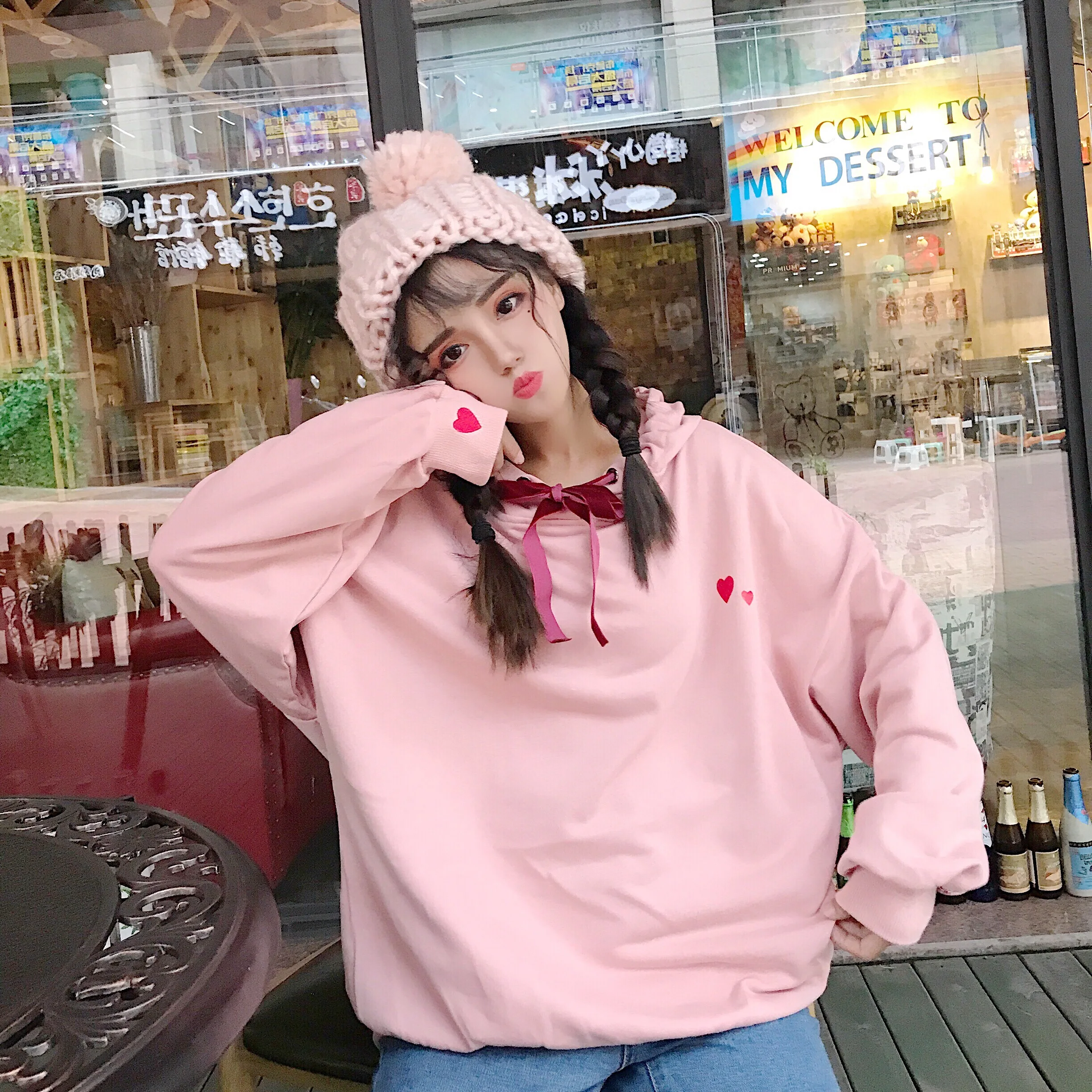 Harajuku толстовка женская осень зима корейский стиль милое сердце флис толстый с капюшоном длинным рукавом кофты Женские топы