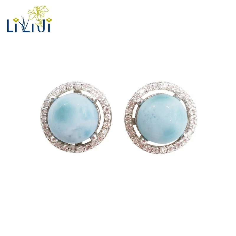 Lii Ji натуральный драгоценный камень Larimar Классический Роскошный Сияющий Циркон Настоящее 925 пробы серебряные серьги-гвоздики для женщин Свадебные украшения