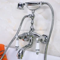 chrome finish wall mount bathtub bathroom faucet telephone style mixer faucet tap with dual handle handshower kna217