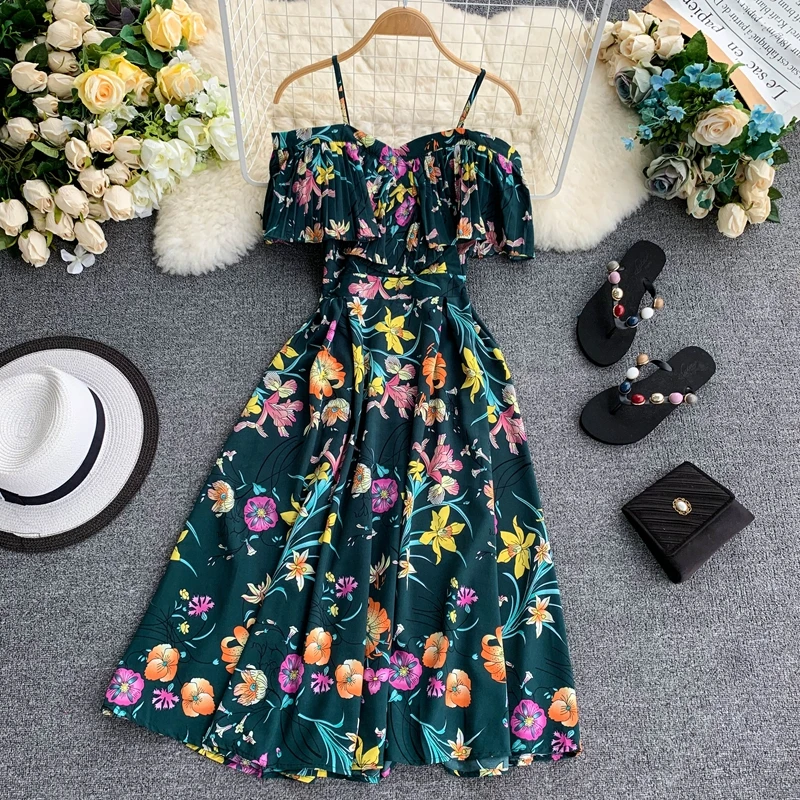Зеленый ALPHALMODA с открытыми плечами плиссированная отделка дамское сексуальное летнее платье на бретельках с высокой талией до середины икры женское пляжное праздничное платье с цветочным принтом - Цвет: Зеленый