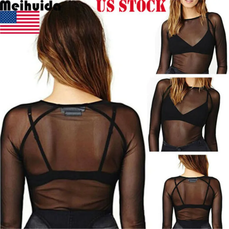 Для женщин полые сетки футболка из через Sheer Mesh Tee Клубная одежда с длинным