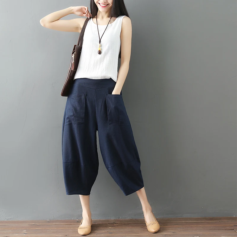 

Summer Pants Women Joggers Cotton Linen Elastic Waist Streetwear Casual Haren Pants Solid Color Calf-Length Pants trou
