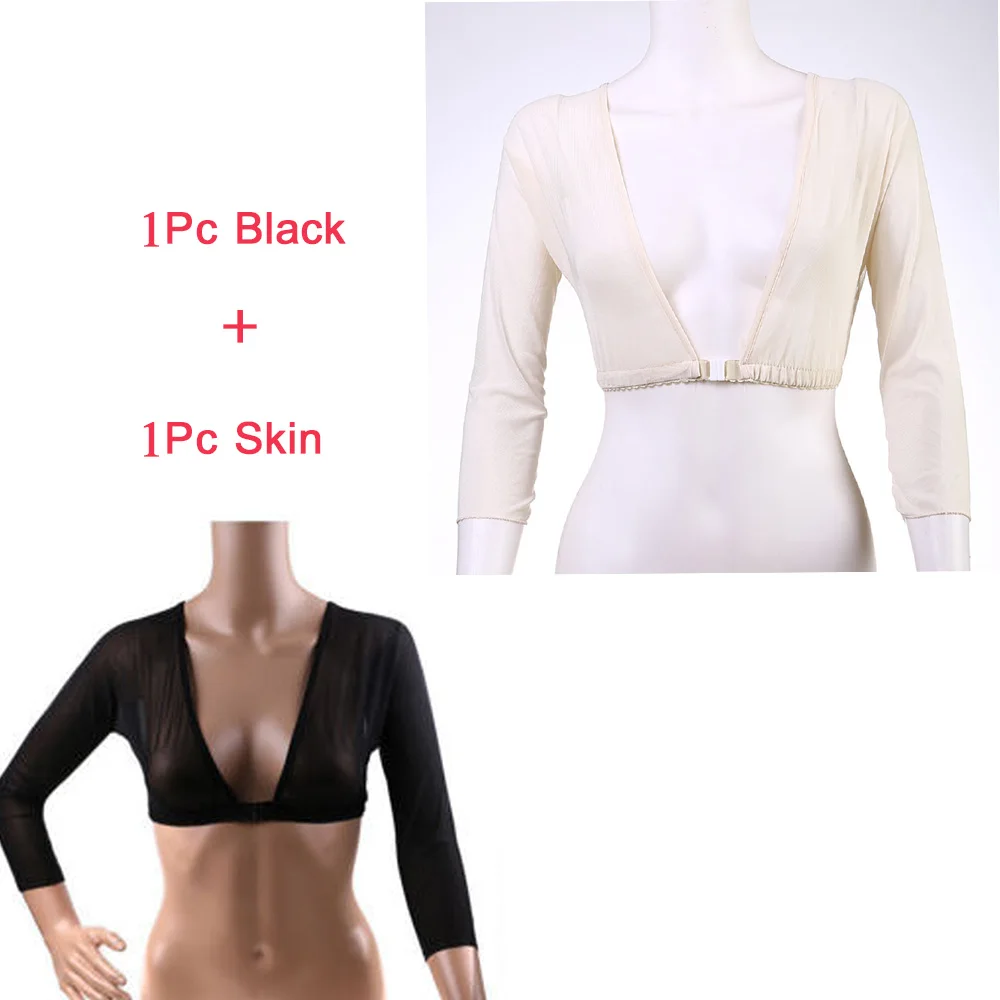 1black1skin Новая мода размера плюс бесшовные рука формирователь коротко стриженый пупка сетки кардиган Горячая 3/4 рукавом, на пуговицах, для девочек топ с точки зрения кардиган - Цвет: 1black1skin