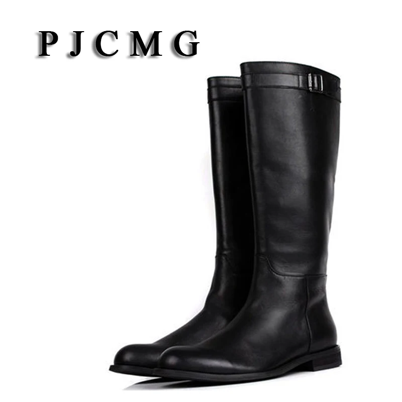

PJCMG New Winter Men's High Winter Vintage Western Genuine Leather Boots Men Black Motorcycle Winter Boots For Men