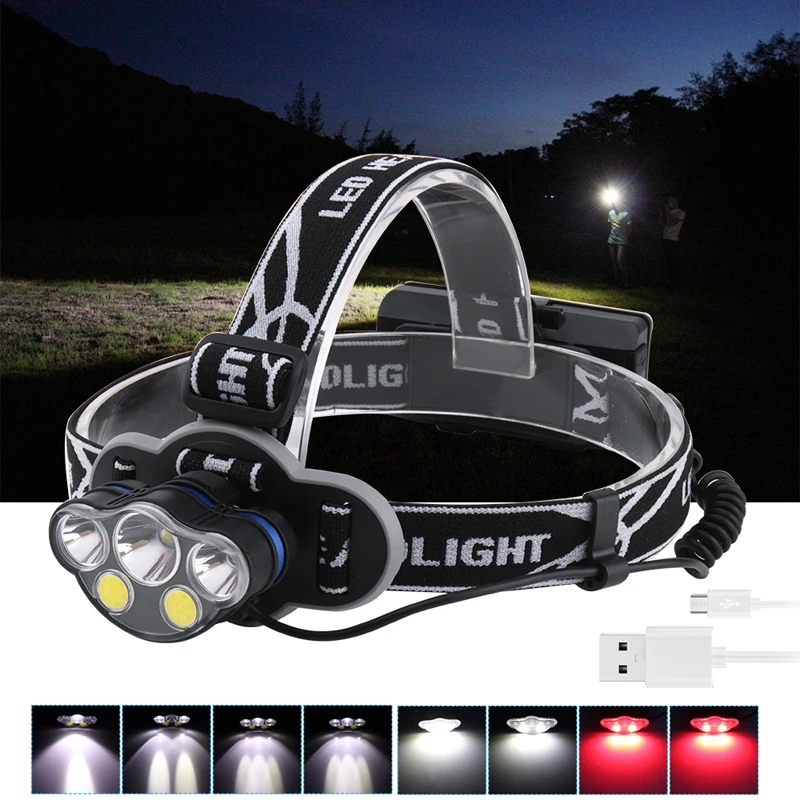 Boruit 1 * T6 + 2 XPE COB 5 LED MICRO USB налобный фонарь Головной лампа для верховой езды