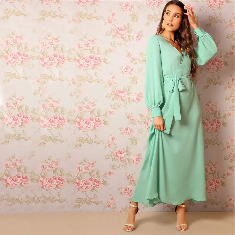 SHEIN Длинное Платье На Запах С Глубоким V-Образным Вырезом, Легкое Летнее Платье С Поясом И Длинными Рукавами