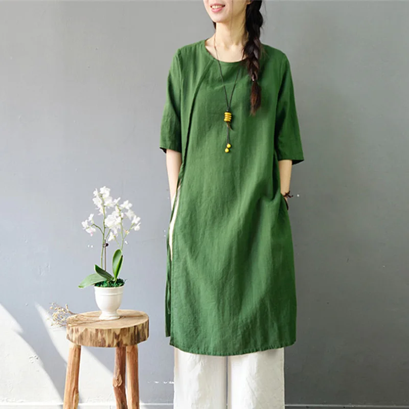 Green SCUWLINEN, летние женские топы, винтажные, одноцветные, со шнуровкой, с боковыми разрезами, свободные, длинные, рами, футболки, повседневные, подходят ко всему, Zen Top Femme S776 - Цвет: Green
