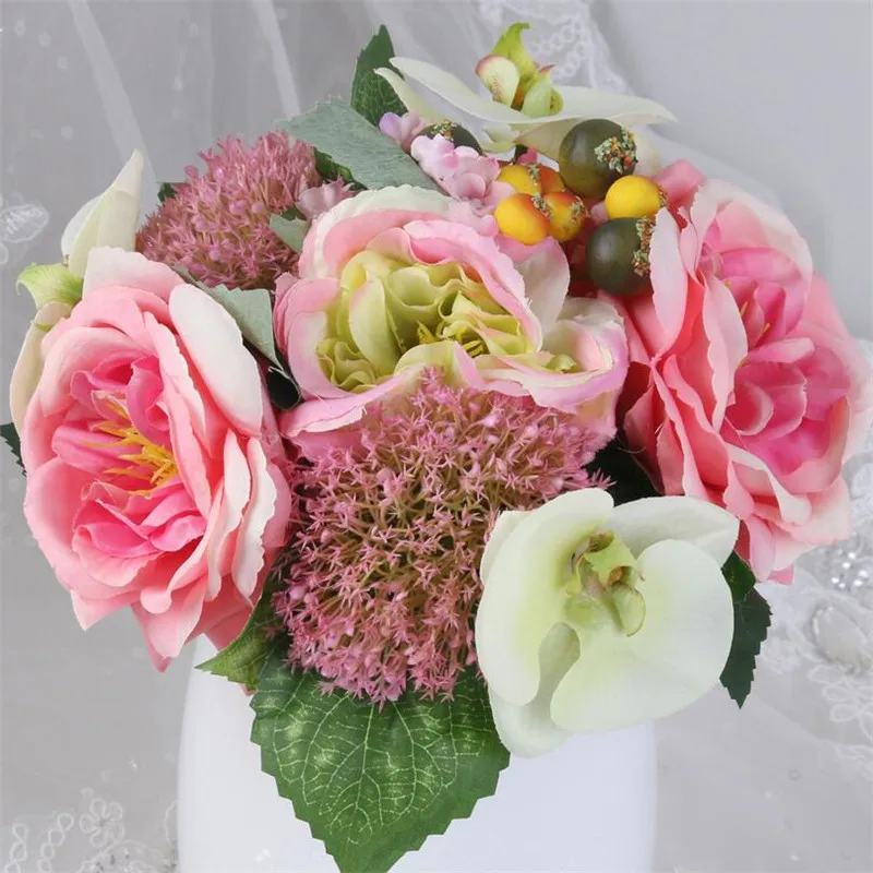 

Flone Artificial Rose Butterfly Orchid Berry Bouquet Silk Flower Wedding Bridal Hand Holding Flowers Home Party Decor Art Floral
