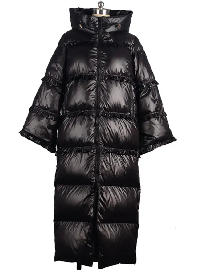 black longer style Зимнее модное Брендовое пальто на утином пуху с капюшоном и оборками, Женское пальто 5XL размера плюс с капюшоном, толстые длинные теплые пуховые парки wq708 - Цвет: black longer style