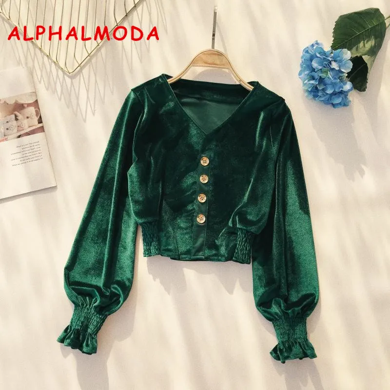 Женская винтажная бархатная блузка ALPHALMODA с длинными рукавами и V образным
