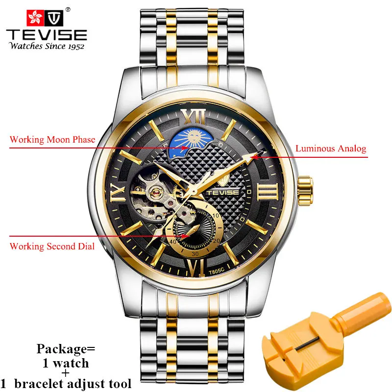 gold black TEVISE самовзводные автоматические часы для мужчин механические мужские часы с фазой Луны светящиеся руки деловые наручные часы Relogio Masculino - Цвет: gold black