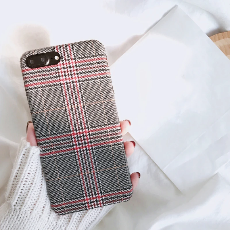 New Arrivals Lattice Pattern Retro Phone Case for iphone 6 6s 7 8 plus X Soft Fabric Checks Striped Couples Style C |