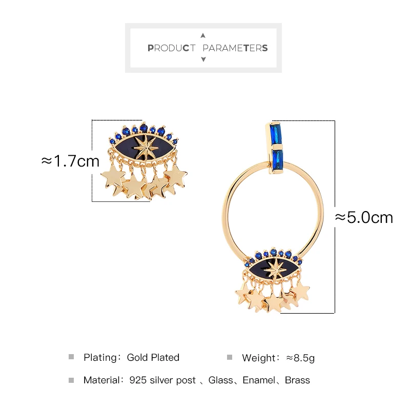 Серьги-гвоздики с голубыми стеклянными глазами асимметричные серьги золотого