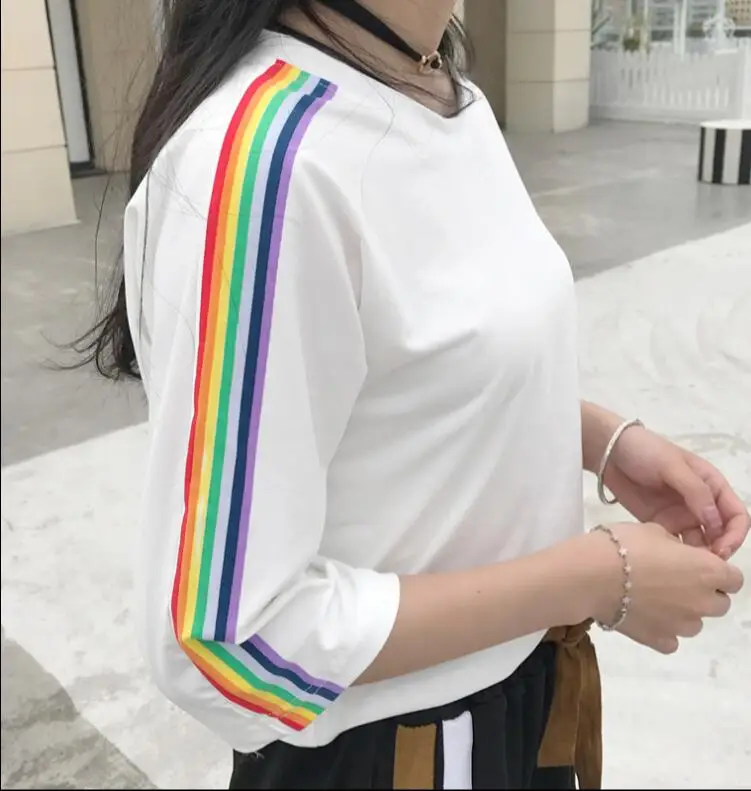 2017 летняя Корейская Радужная полосатая короткая стильная футболка с коротким