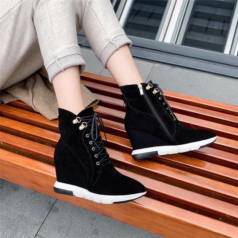 

ANNYMOLI Women Boots Autumn Ankle Boots Cow Suede Zipper Wedges Heel Short Boots Lace Up Super High Heel Shoes Ladies Size 34-39