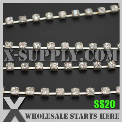 SS20 Single Row Silver Plated Sparse Rhinestone Cup Chain, A Quality Crystal Rhinestone, X11220