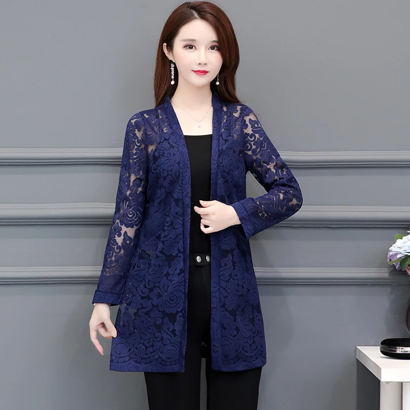 navy blue Размера плюс 5XL Лето бохе с длинным рукавом элегантное кружевное кимоно Для женщин Bohe кружевное пляжное непроницаемый для солнечных кимоно кружево офисная блузка - Цвет: navy blue