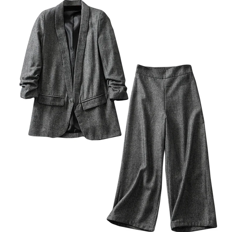 Комплект женский модный пиджак с высокой талией и широкие брюки из двух