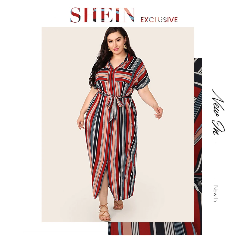 SHEIN, платье-рубашка в полоску с разноцветными карманами и заплатками размера плюс,, женские летние повседневные длинные платья на пуговицах с воротником и разрезом