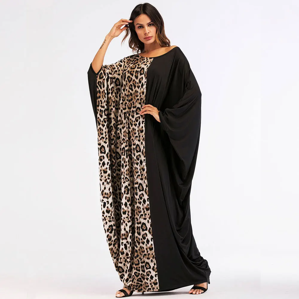 Casual Print Leopard Maxi Dress Bat Sleeve Patchwork Abaya Muslim Loose Kimono Long Arab Robe Gown Middle East Islamic Clothing |