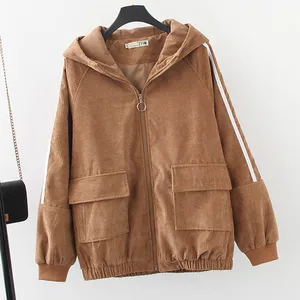 Женская Вельветовая куртка с карманами, Повседневная Свободная куртка в полоску с капюшоном, верхняя одежда LP450, 4 цвета, весна размера плюс