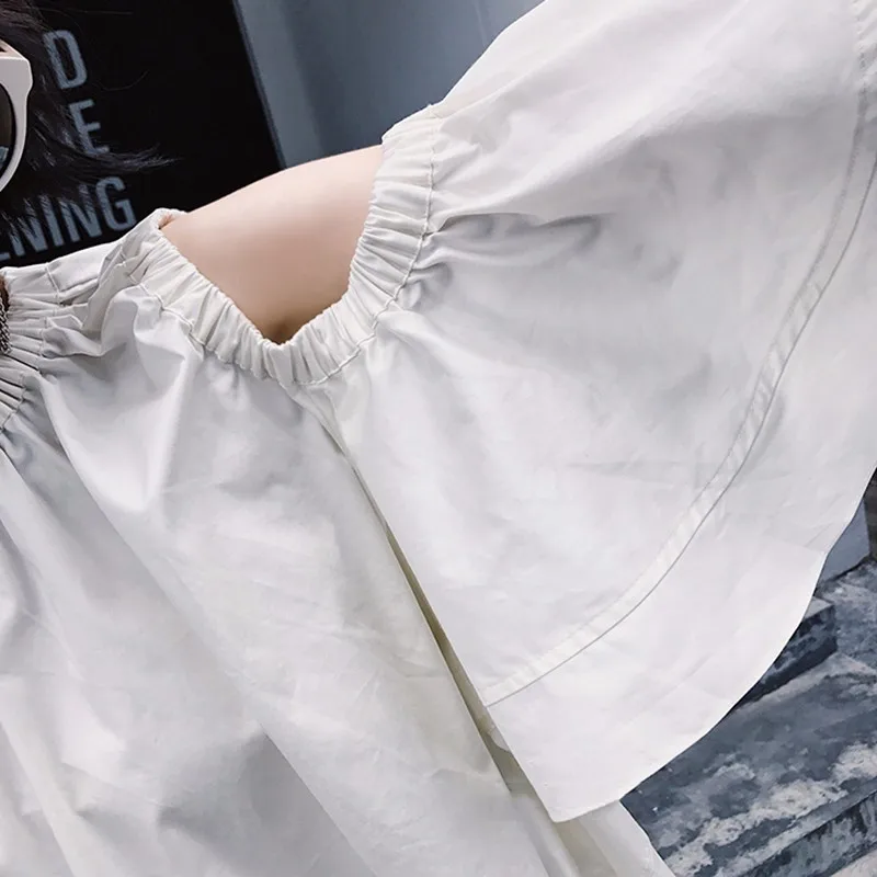 TWOTWINSTYLE Ruffles Short Shirt Female Hollow Out Flare Sleeve Ribbons Lace Up White Blouse Women 2019 Spring Summer Sexy New |