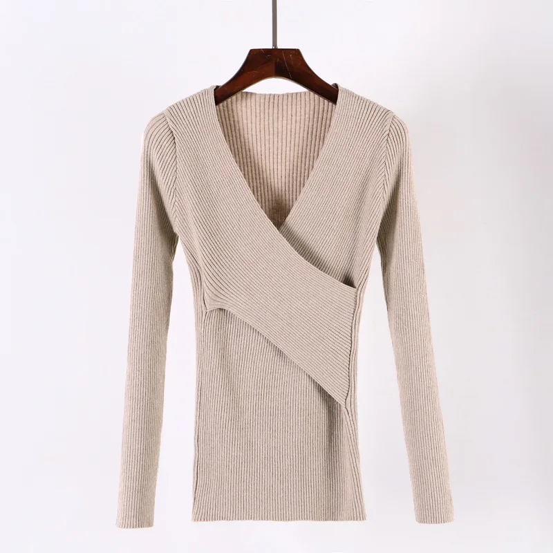 Khaqi 1201 ONLYSVTER Sexy V Neck Wrap Women Pullover Sweaters Autumn Winter Long Sleeve Soft Casual Jumper Ribbed Knitted Pull Top Femme - Цвет: Khaqi 1201