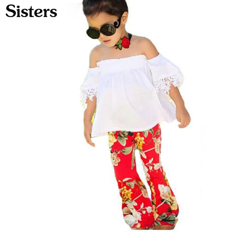 Sistersnew summer 2018 European and American girls dress with short sleeves a word shoulder printed pants suit undertakes | Детская