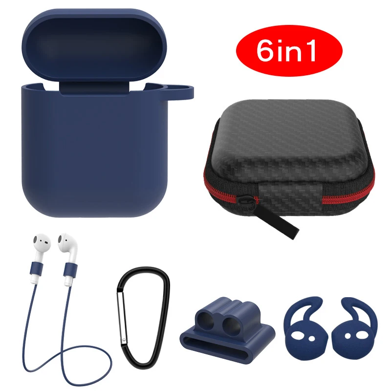 dark blue 6 pcs In 1 Sets Silicone Protective Accessories Kits for Airpods 1 2 Case Ring Strap Hook Winder Holder Box Set Earpods Cover - Цвет: dark blue