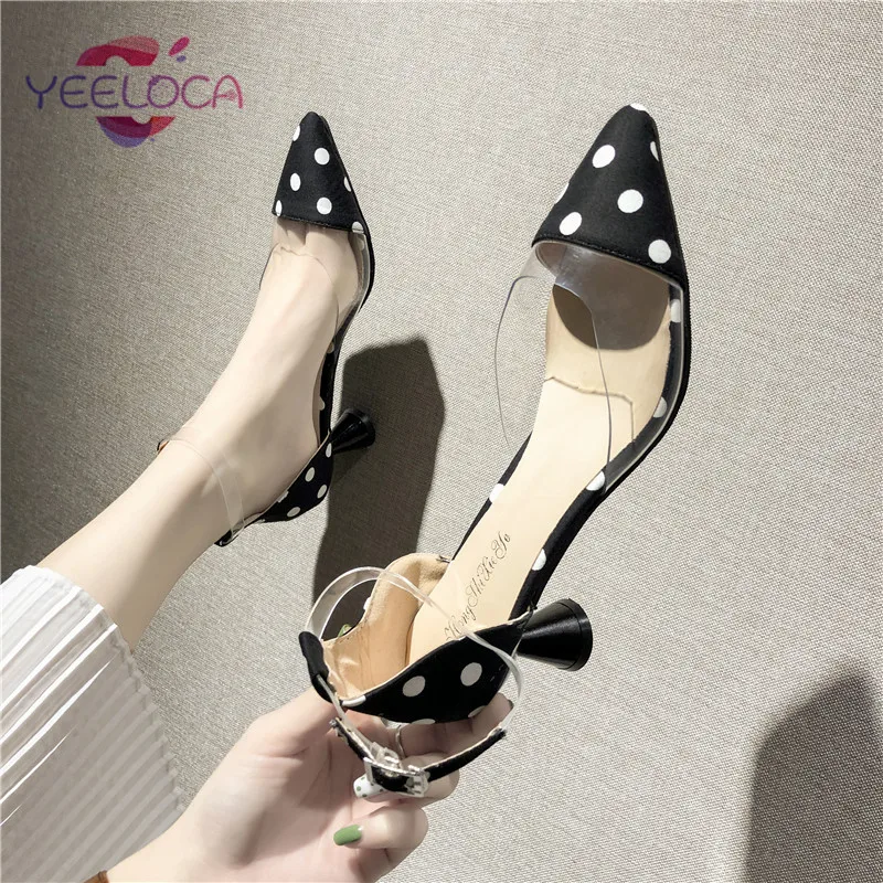 

YEELOCA Summer Sandals Women Pointed Toe High Heel Shallow Black Polka Dot Cover Heel Buckle Strap Casual Woman Shoes